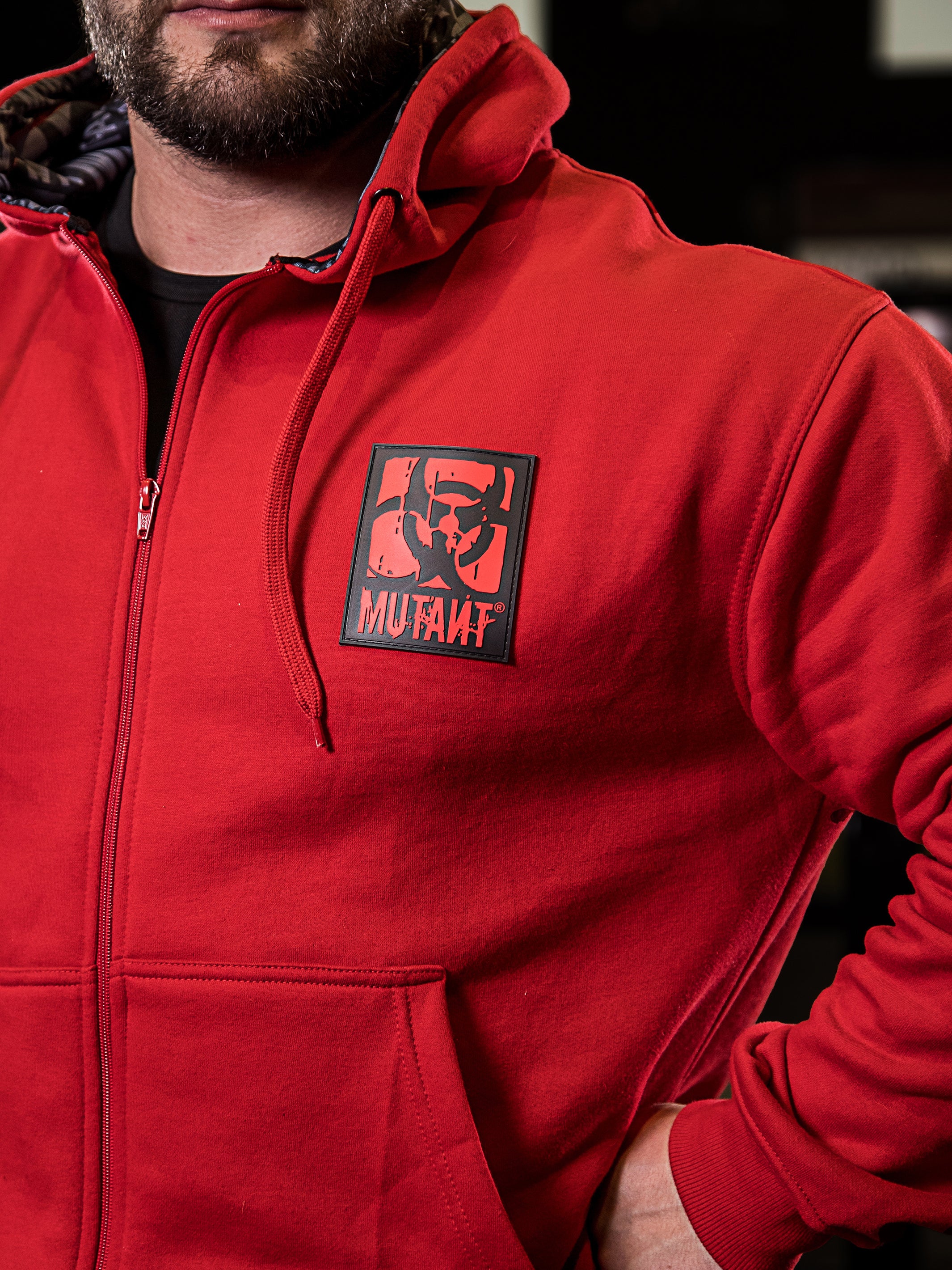 Patched Zip Up Gym Hoodie Red